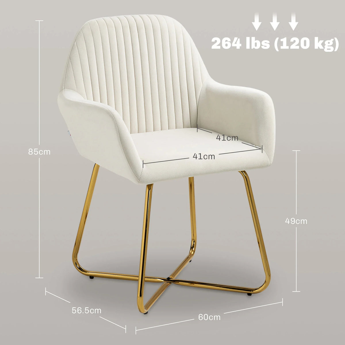 Cream accent arm chair, channel tufted back, curved seat, gold sled-style metal base