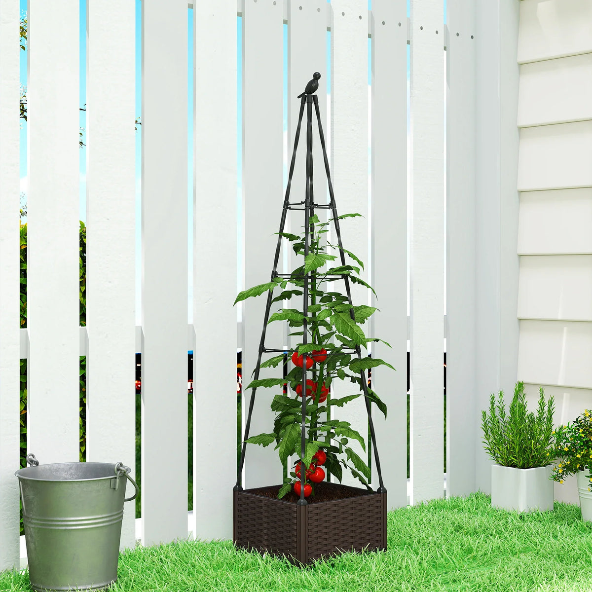 Raised garden planter box with tall trellis, dark brown sides, growing tomato and leafy plants