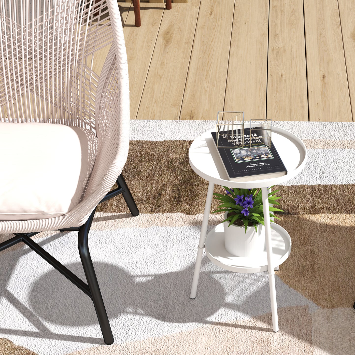 Outsunny White Two Tier Metal Garden Table For Indoor And Outdoor Use Weather Resistant Round Bistro