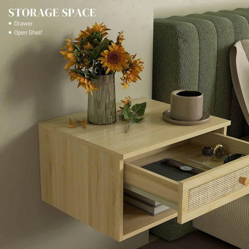 Floating nightstand with drawer and open shelf, light wood-effect with rattan panel