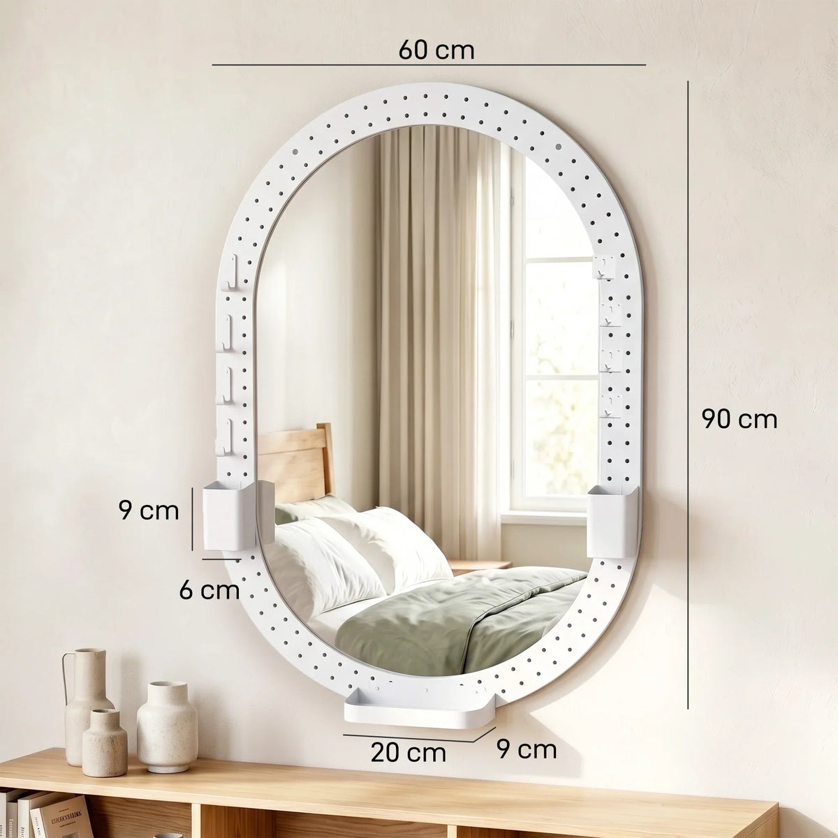 White oval mirror with perforated pegboard frame and attached side storage units