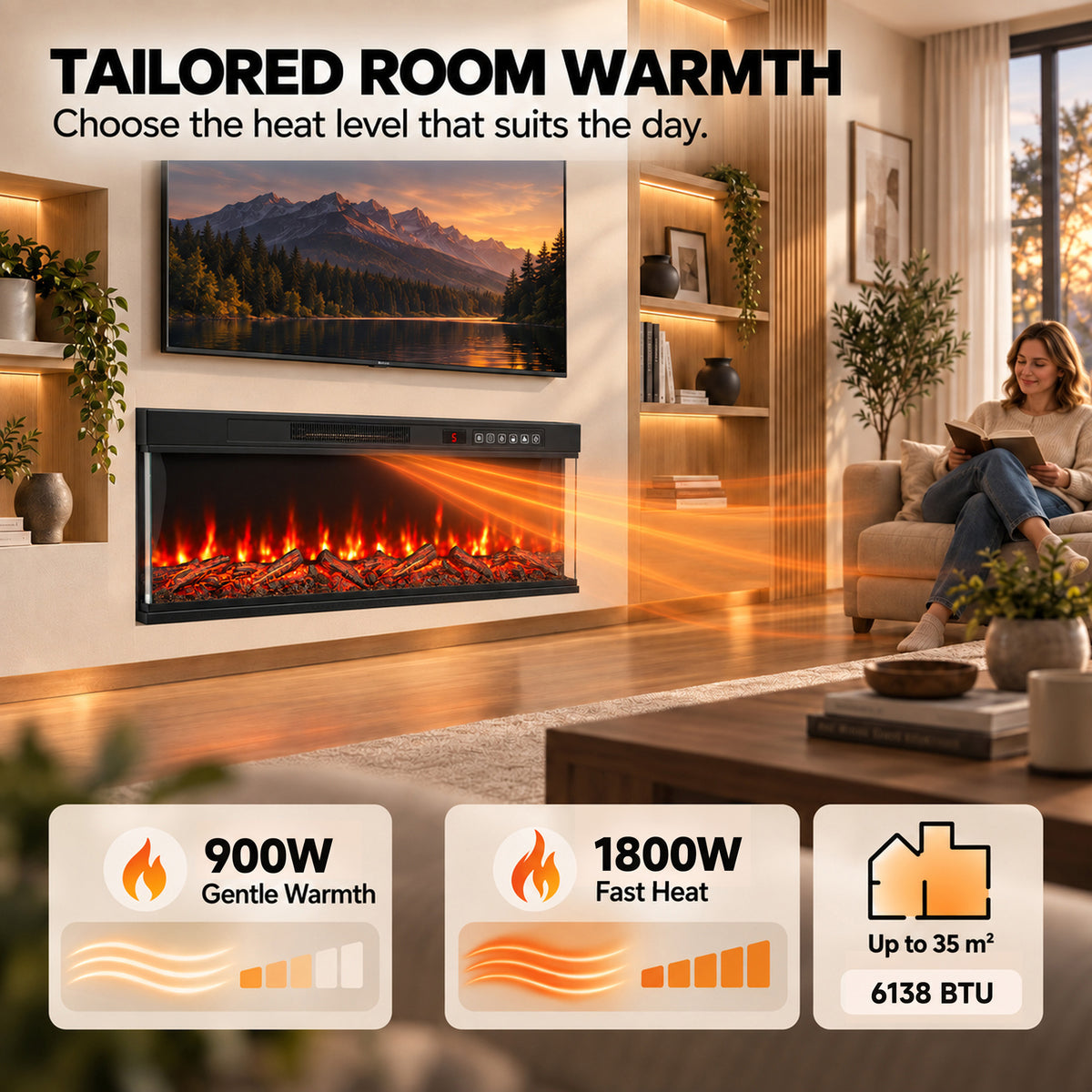 Freestanding electric fireplace with three-sided glass, ember bed with warm red flames