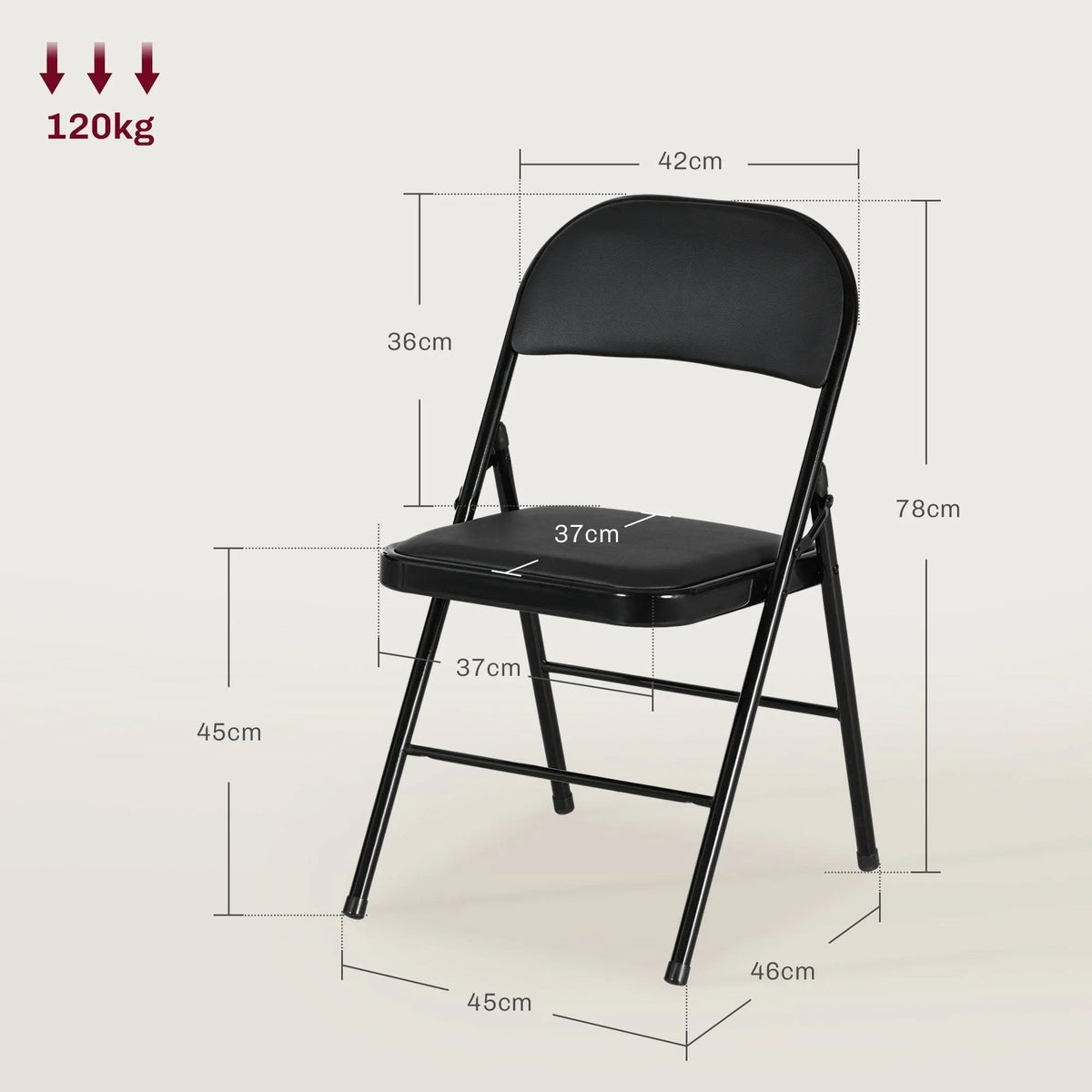 Black folding chair with padded seat and backrest, shown with size dimensions