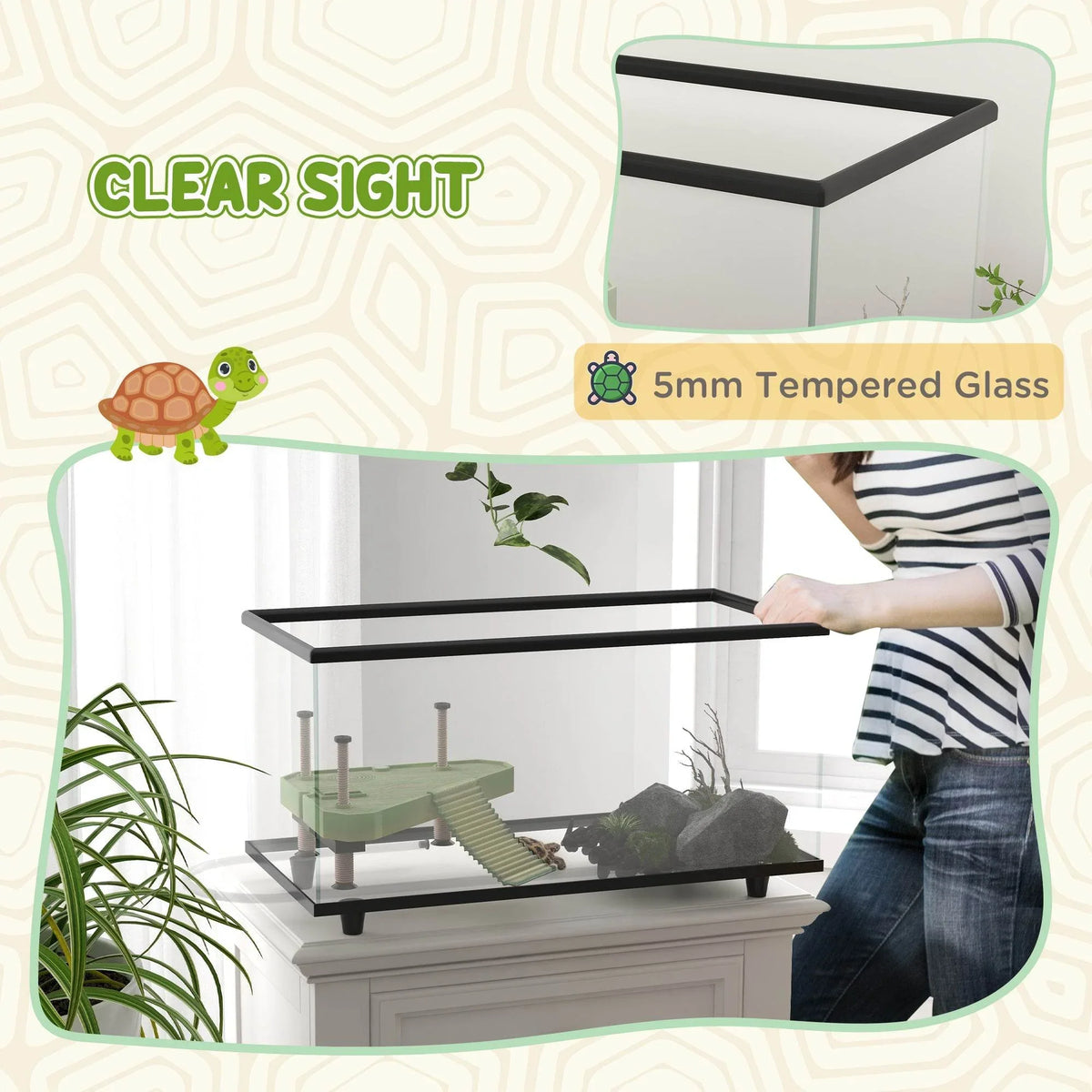 Glass turtle aquarium with clear tempered glass and black top frame