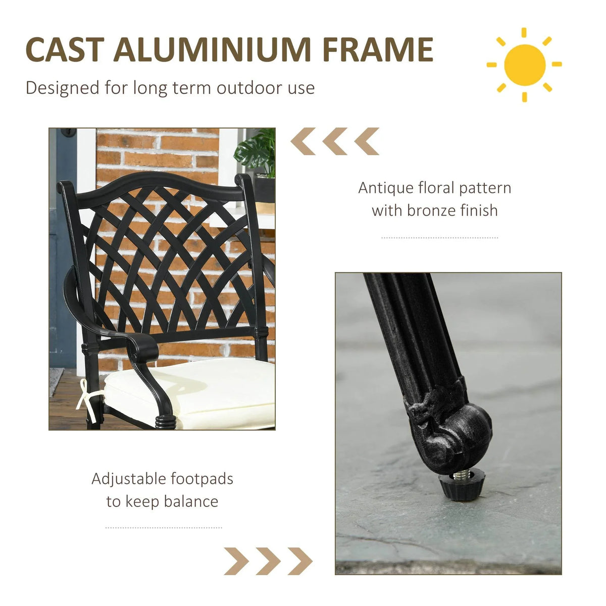 Black cast-aluminum dining chair frame with antique floral detailing and adjustable footpads