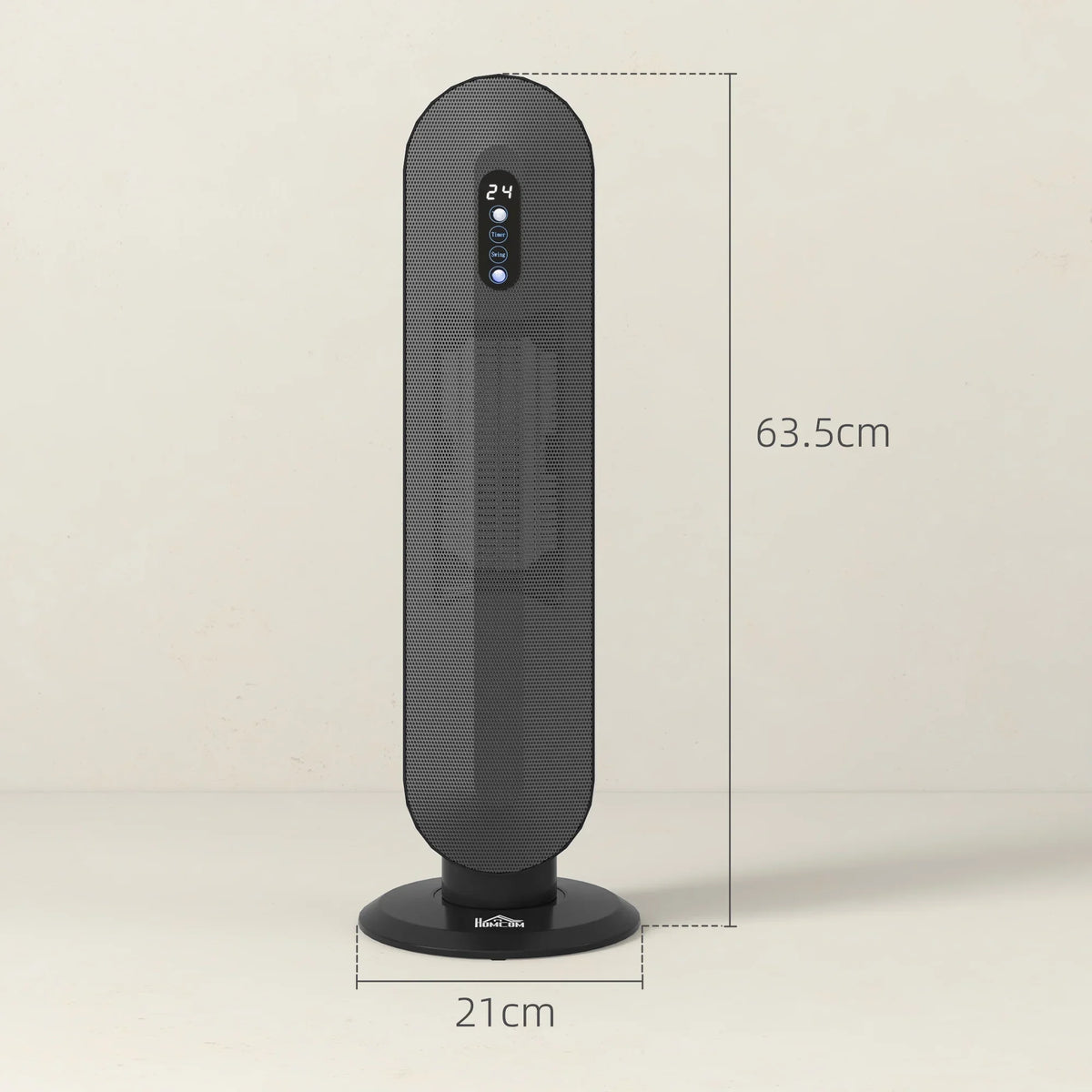 Black ceramic tower space heater, front view with LED temperature display