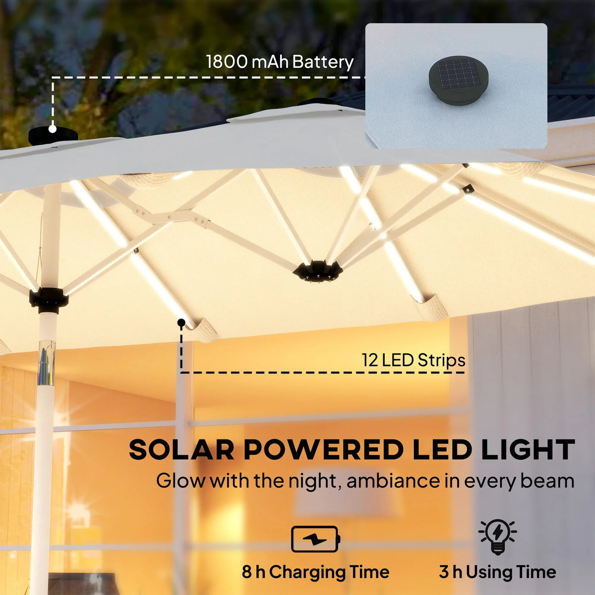 Cream parasol underside showing LED strips and solar light attachment on the pole