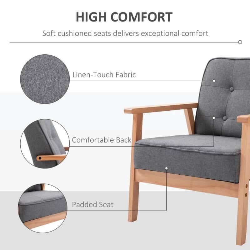 Grey linen-look accent chair with padded seat and backrest, shown with feature callouts.