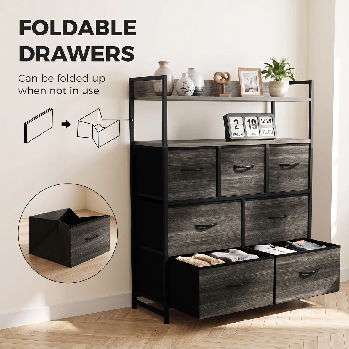Grey wood-effect dresser with open shelves and fabric foldable drawers in black frame