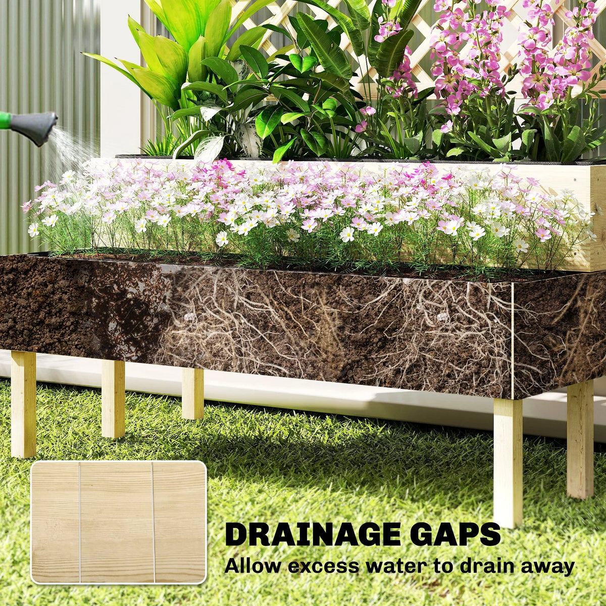 Raised garden bed with drainage gaps, soil layer and blooming flowers