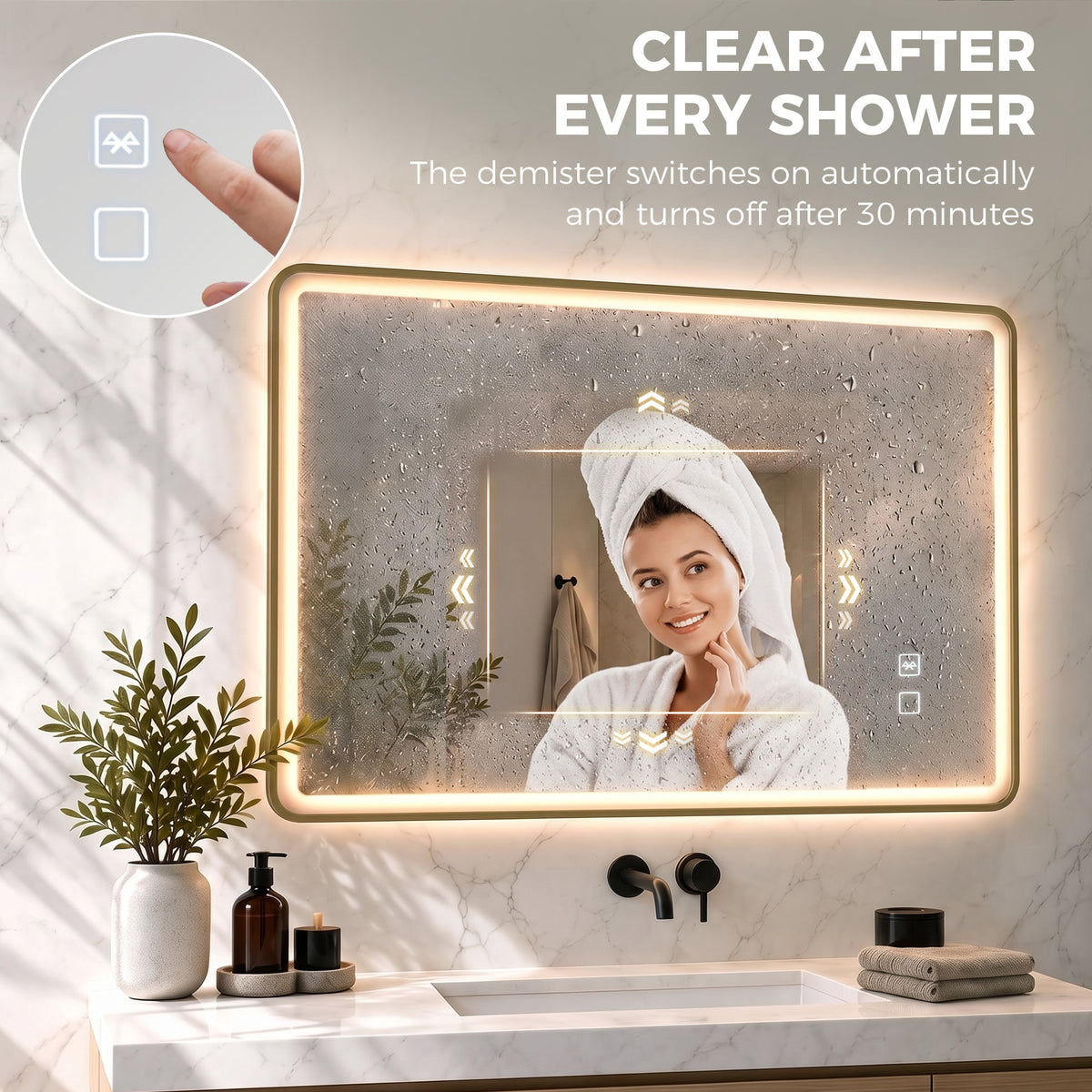 LED bathroom mirror with anti-fog glass, glowing gold border and touch buttons