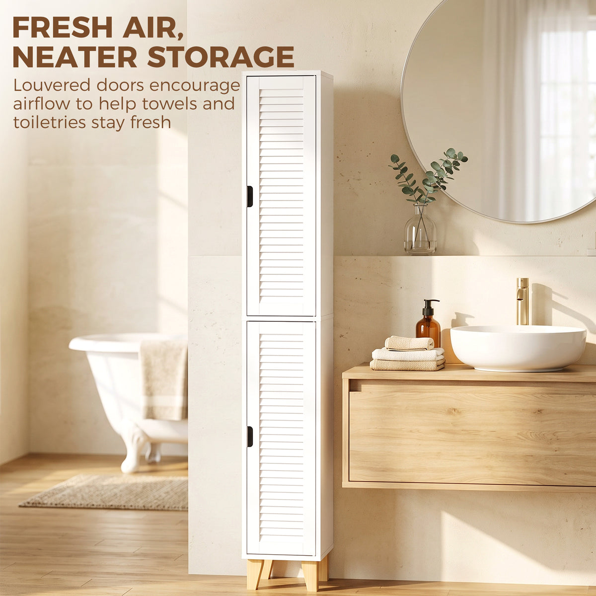 Tall White Bathroom Cabinet With Louvered Doors And Adjustable Shelf Storage