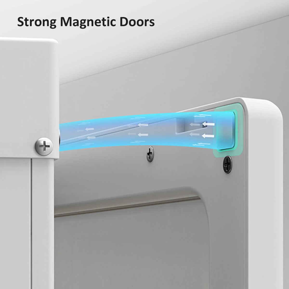White wardrobe door with magnetic closure and sliding latch under frame.