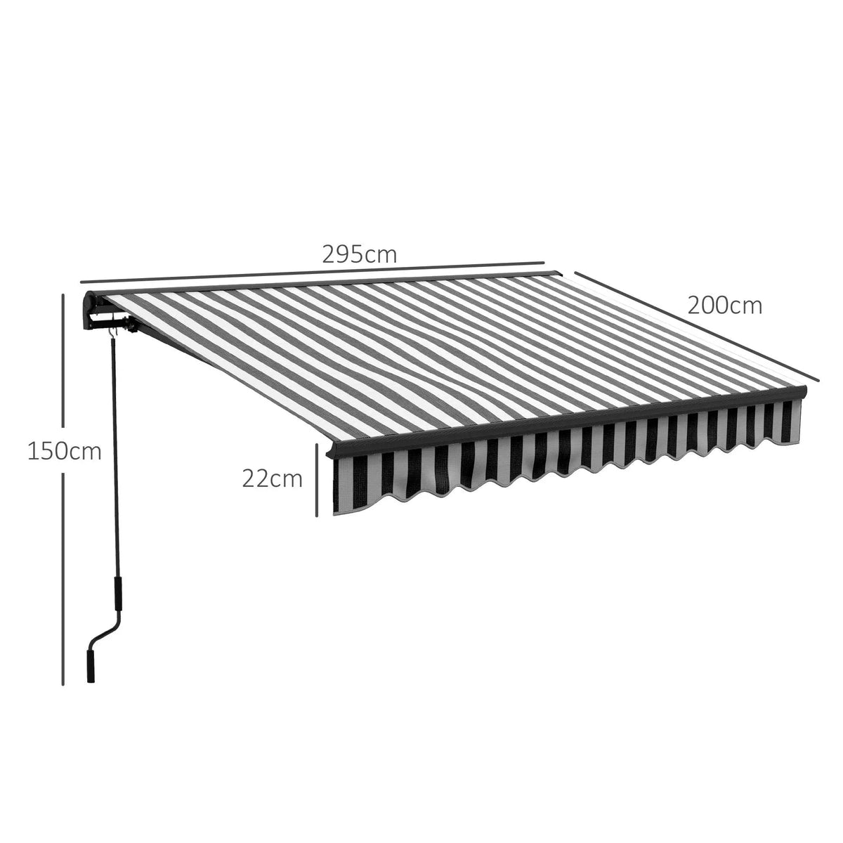 Striped retractable awning with mounting arms and side crank handle, size diagram
