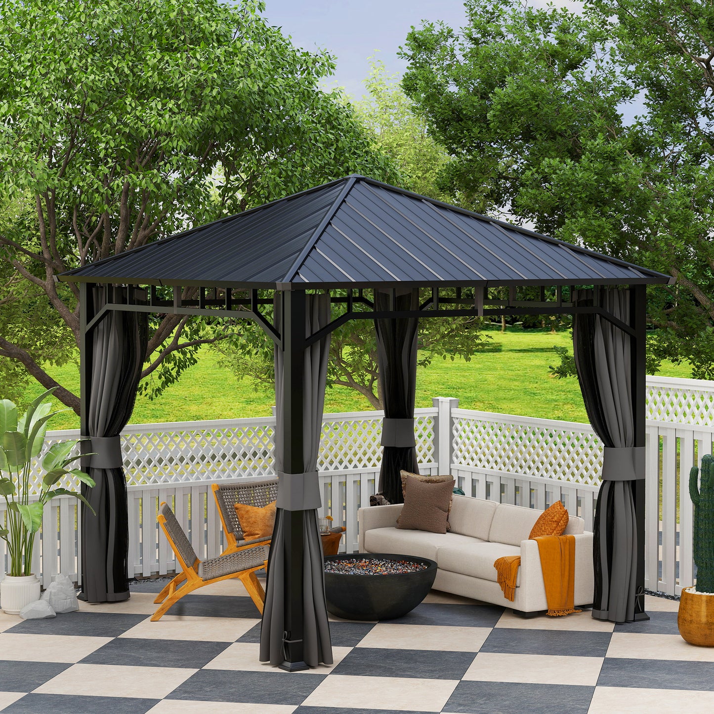Outsunny 3x3m Hardtop Gazebo with Galvanised Steel Roof Waterproof Pavilion with Netting and Curtains for Patio Deck