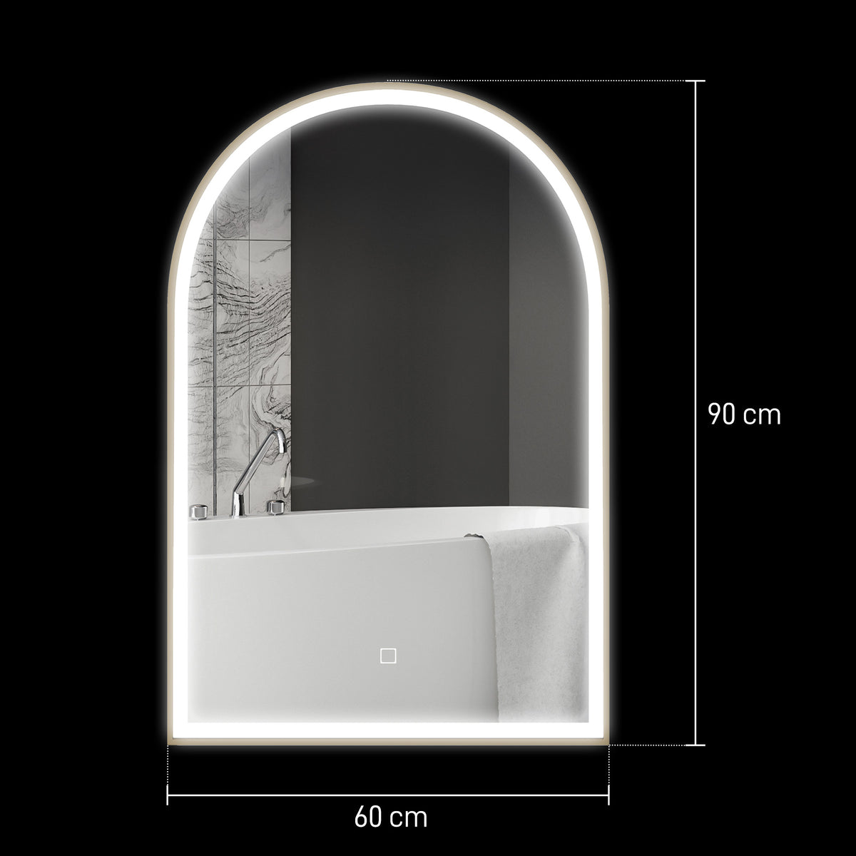 Arched gold LED bathroom mirror showing 60 cm width and 90 cm height