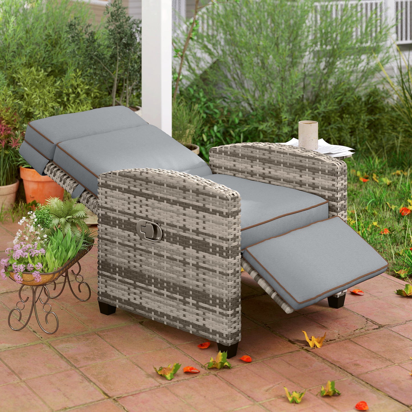 Outsunny 145 Degree Reclining Rattan Armchair With Footrest In Mixed Grey Outdoor
