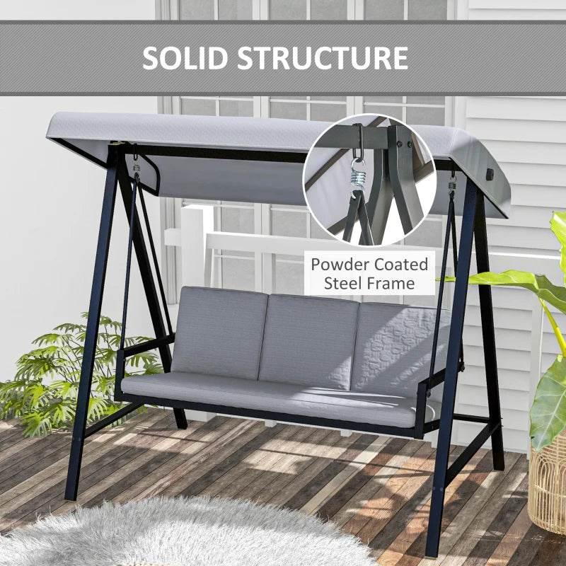 Grey three-seat swing bench with adjustable canopy and padded seat, front view