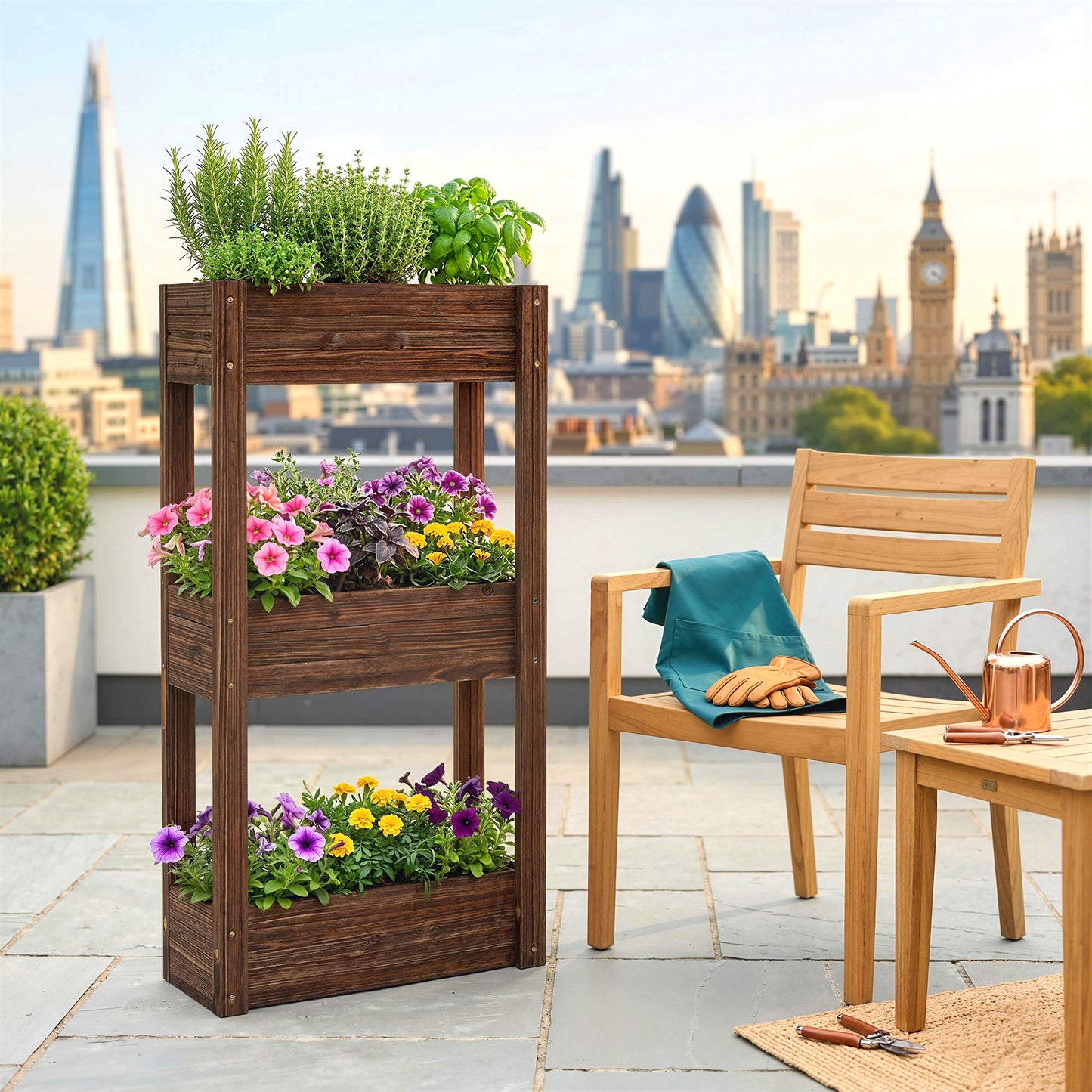 Outsunny Three Tier Wooden Raised Planter Legs Drainage Holes Bed Liner Elevated Garden Bed