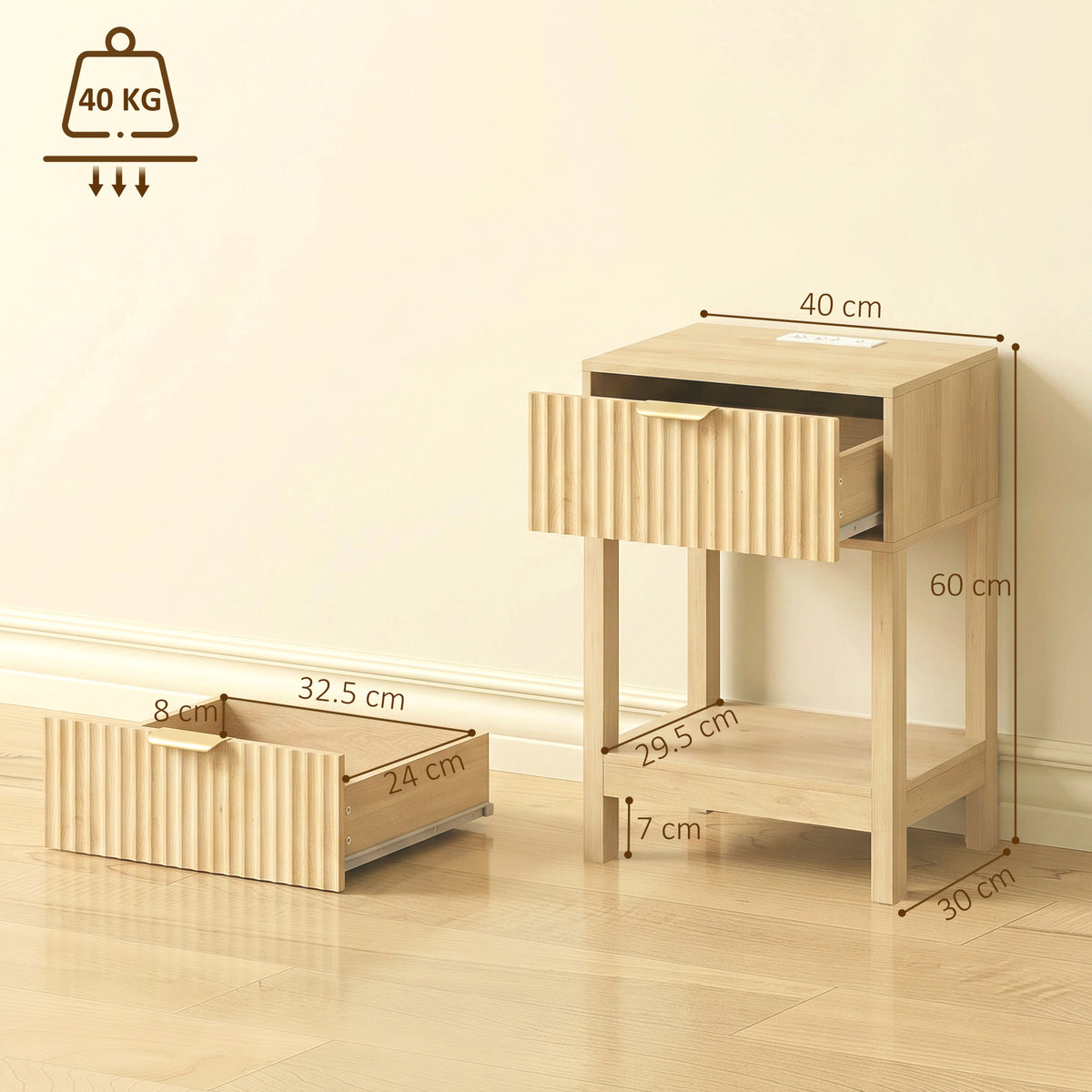 Fluted oak nightstand set with drawer and open shelf, light wood finish