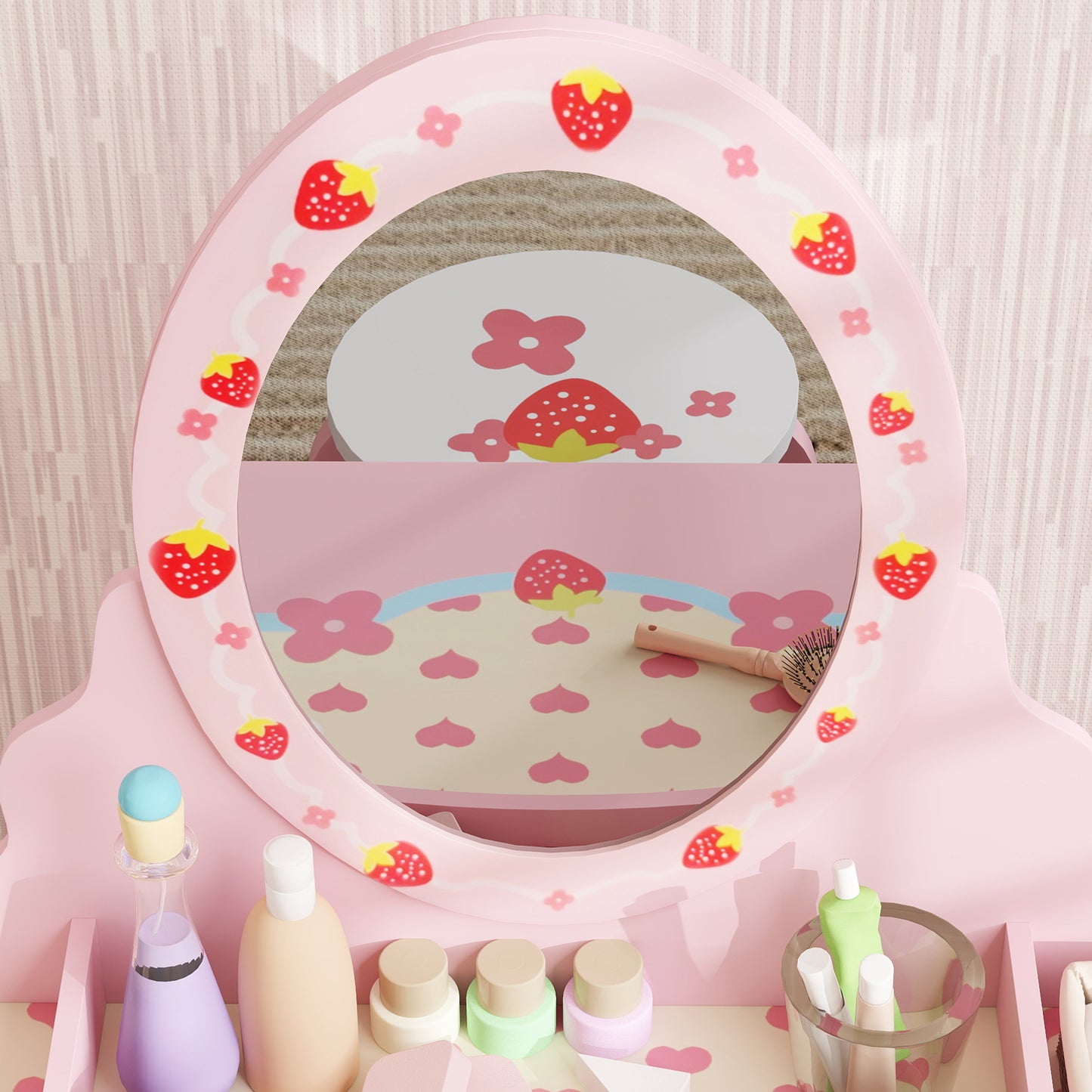 AIYAPLAY Kids Dressing Table Set Vanity With Stool Mirror Drawer Storage Strawberry Theme Pink