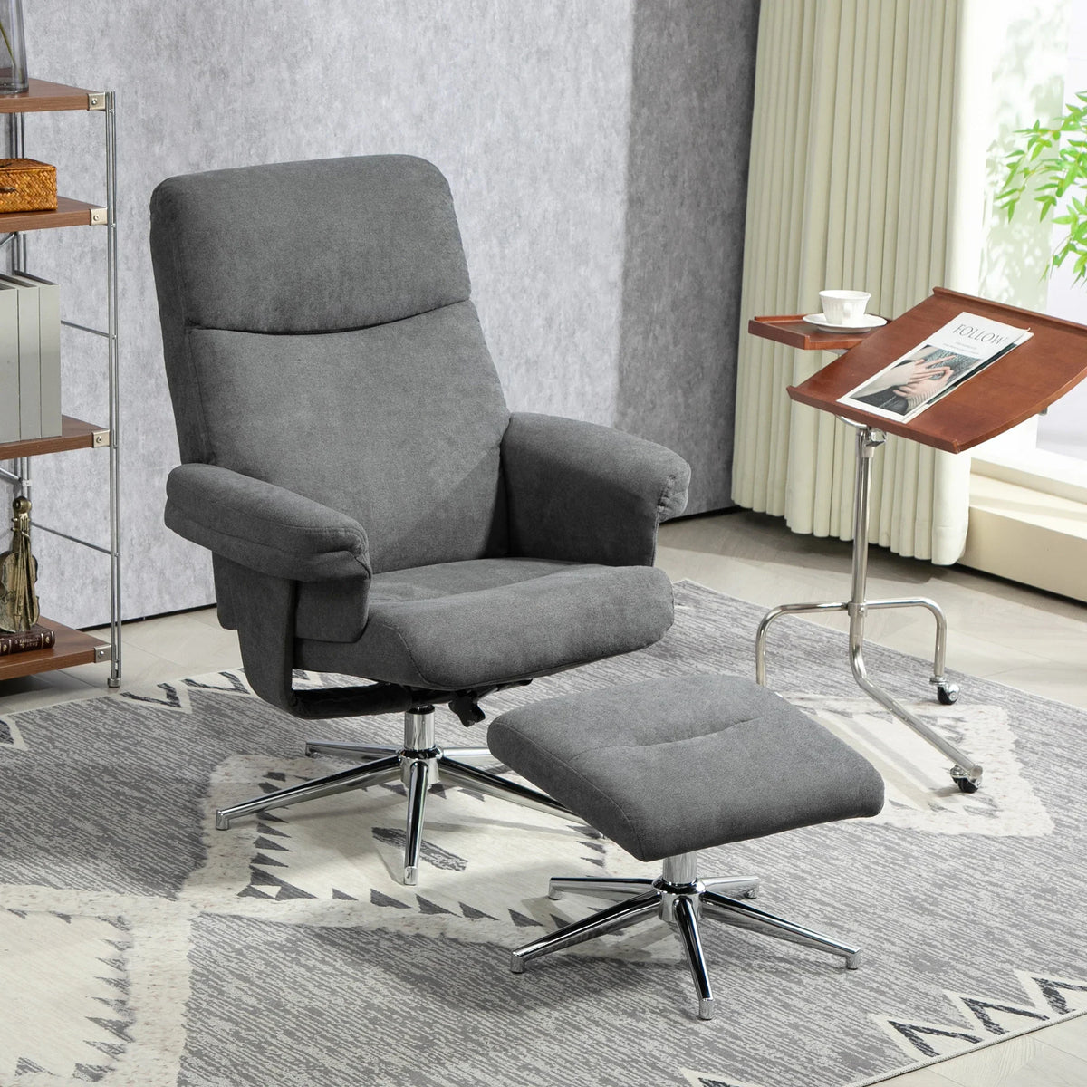 Dark gray velvet-look recliner chair with matching ottoman and swivel base