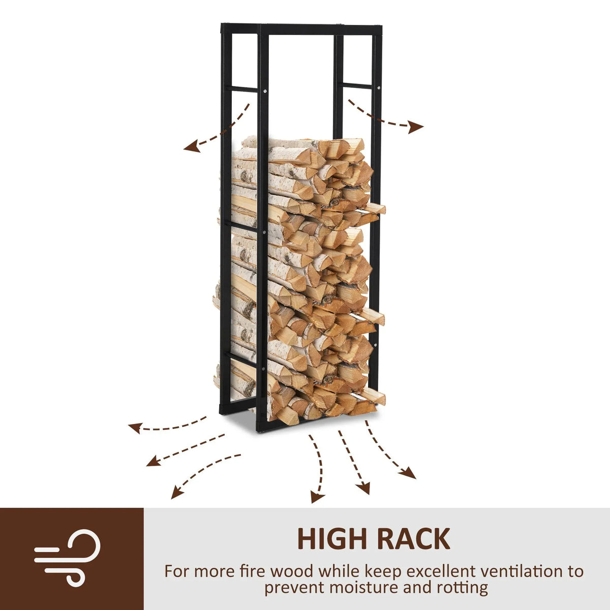 Tall black metal log rack with side crossbars and stacked firewood inside