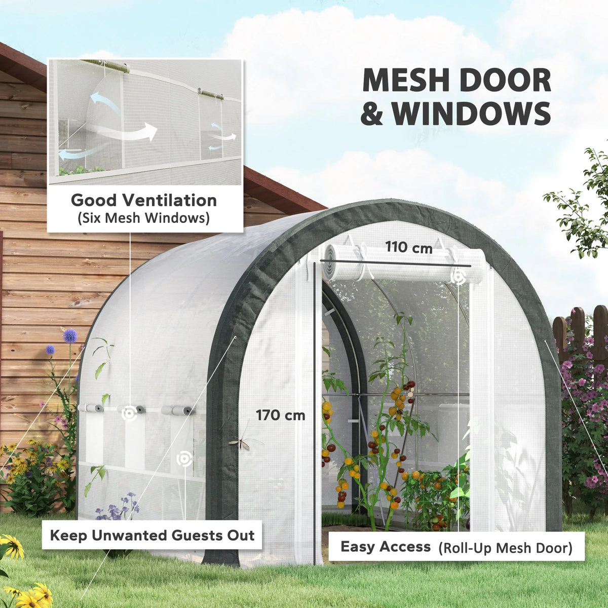Walk-in tunnel greenhouse with roll-up mesh door and window panels, dark gray frame
