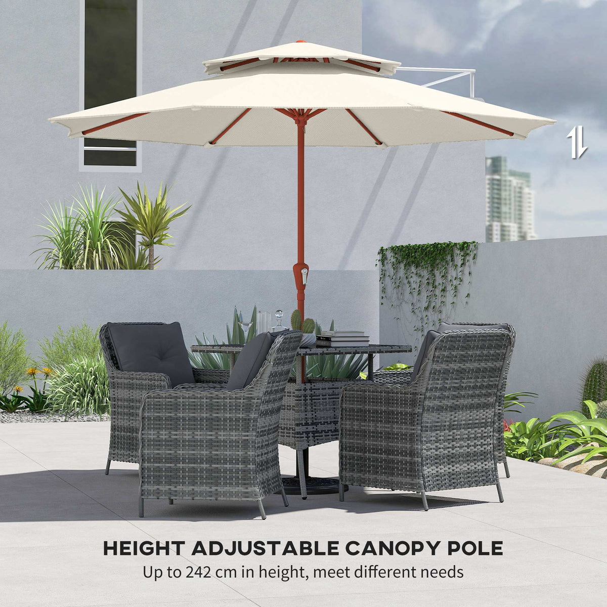 Cream parasol with height-adjustable orange canopy pole above outdoor lounge seating