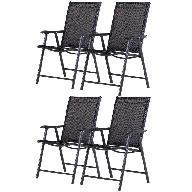 Four black folding patio armchairs with textured mesh seats and tall backs, side view