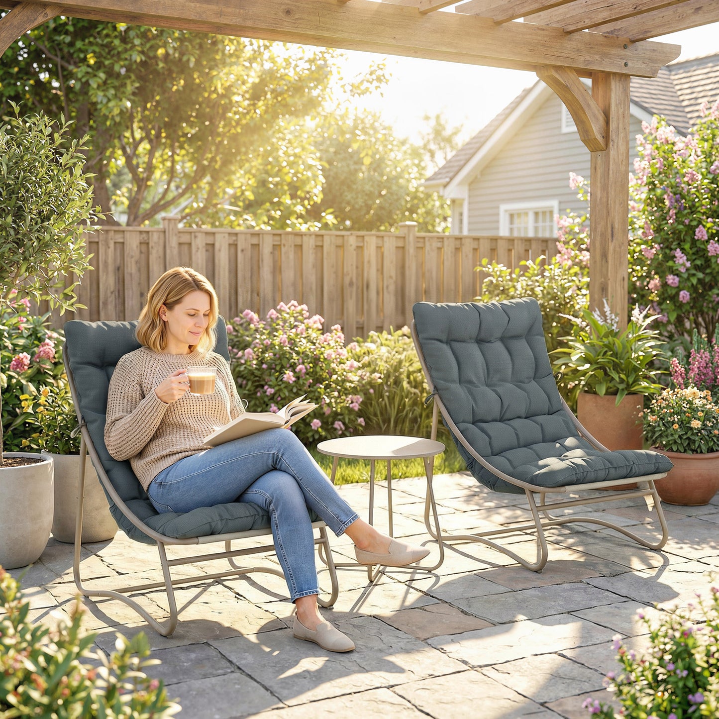Outsunny 3 Piece Garden Bistro Set With Round Outdoor Table And Texteline Seats Cushions For 2 Dark Grey
