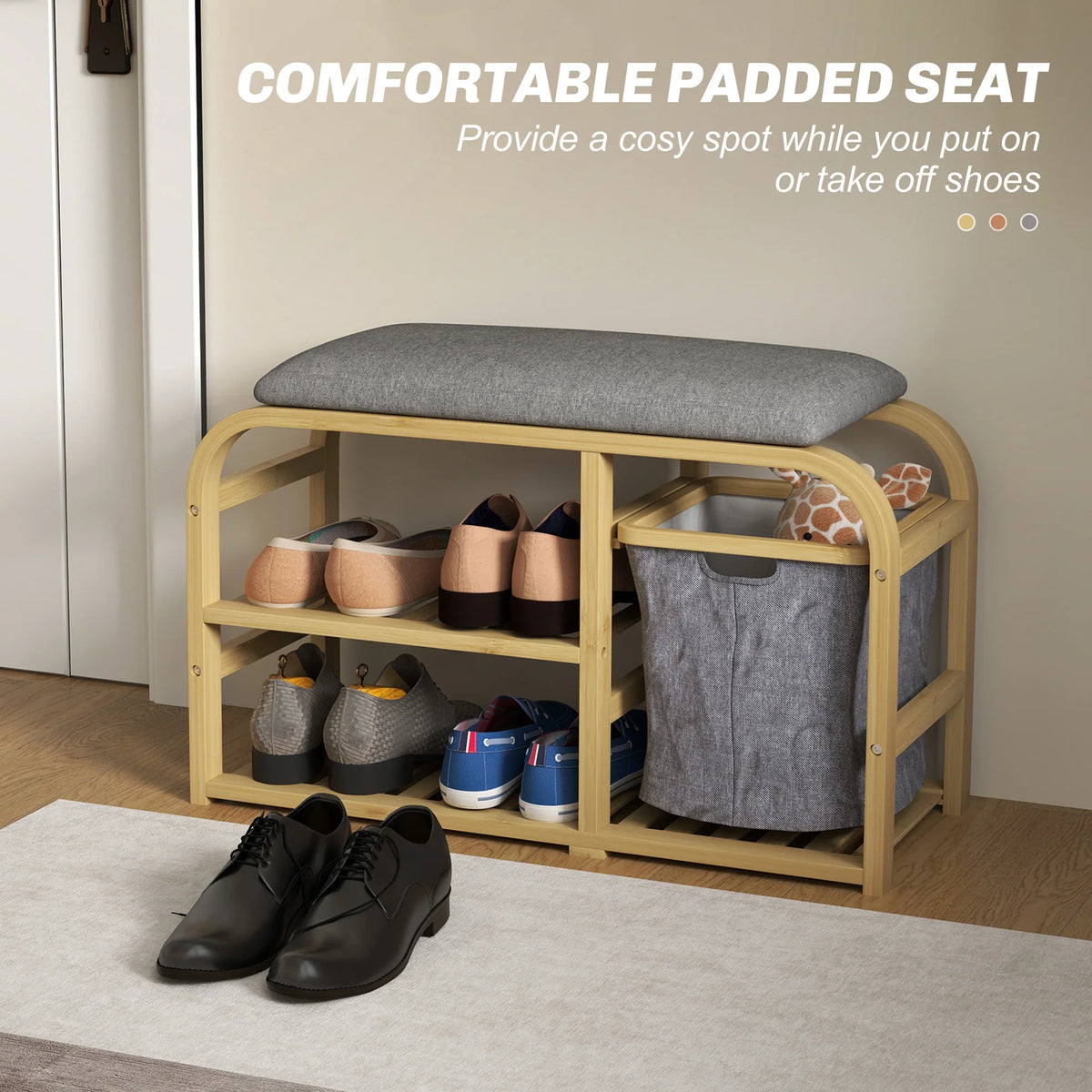 Bamboo shoe storage bench with padded gray seat and pull-out fabric basket