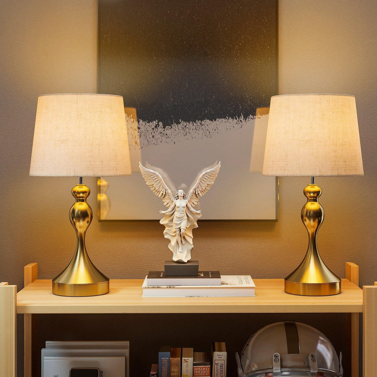 Pair of bedside table lamps with linen shades and gold-tone bases, set of 2