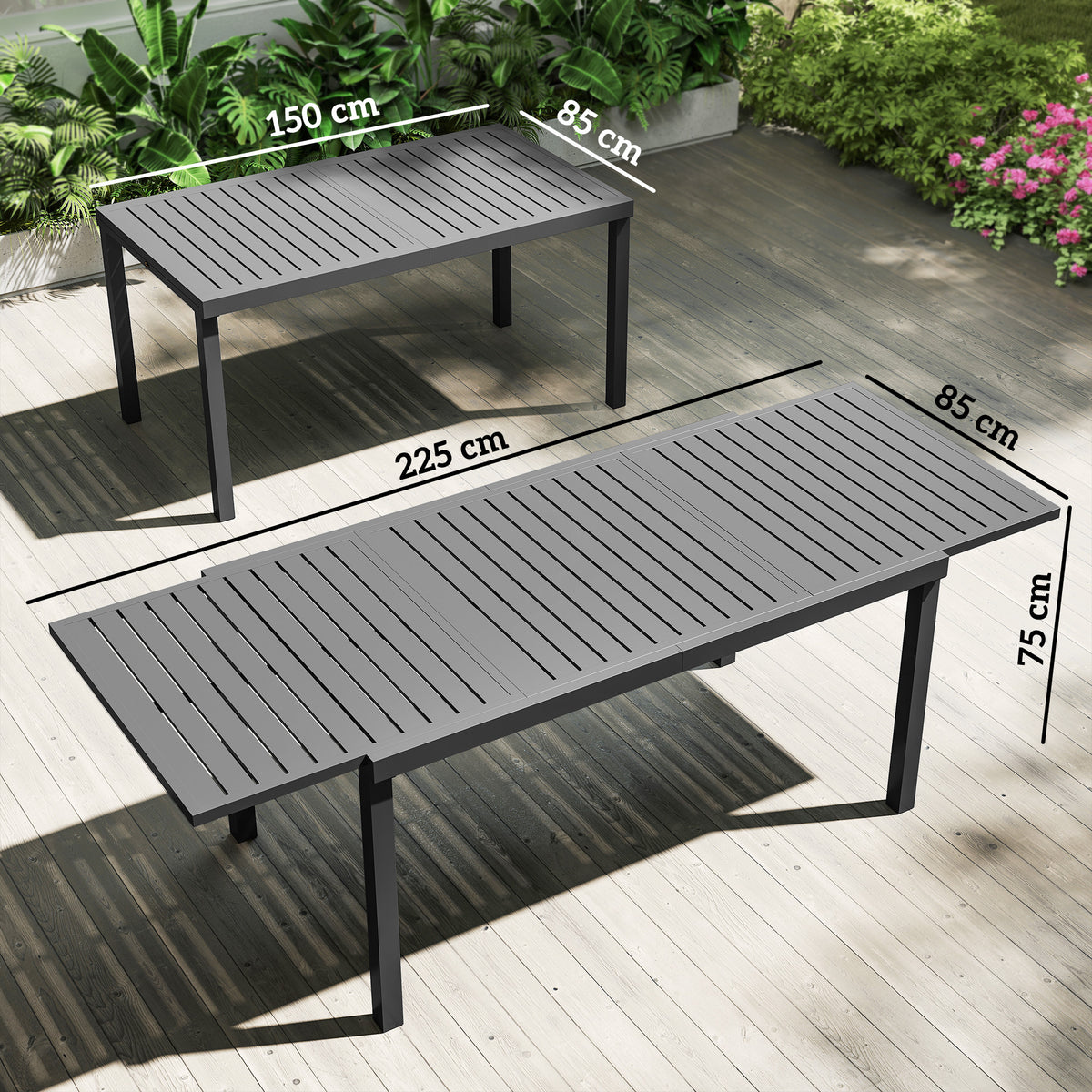 Dark grey slatted extending outdoor dining table with extended leaves and sturdy legs