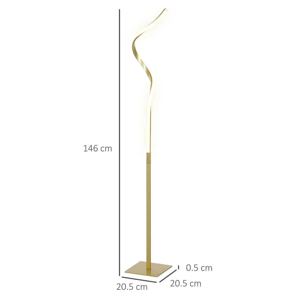 Gold LED floor lamp with tall spiral light strip and flat square base; height 146 cm