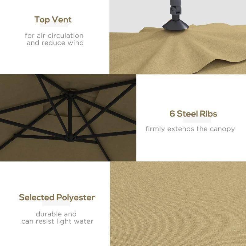 Cantilever patio parasol with tan canopy and visible black steel ribs