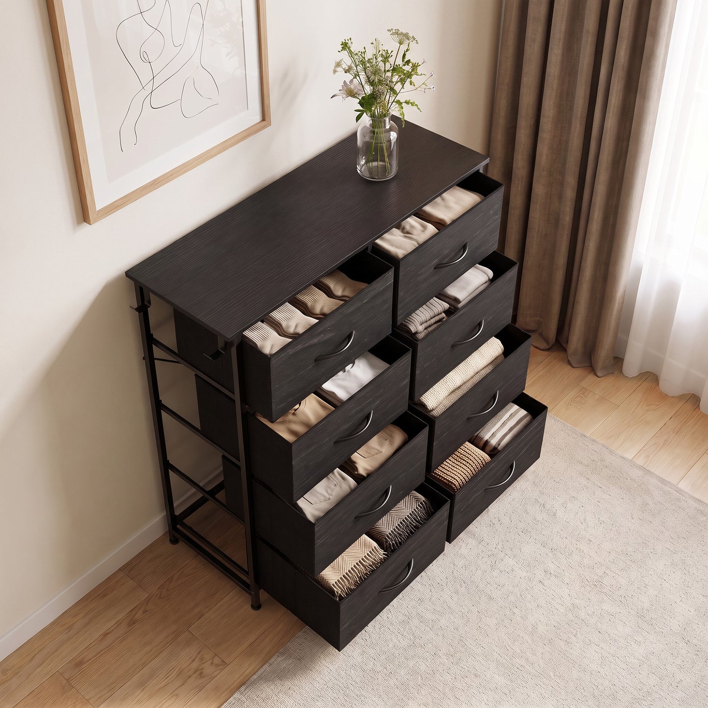Homcom 8 Drawer Chest Fabric Dresser Steel Frame Bedroom Storage Black