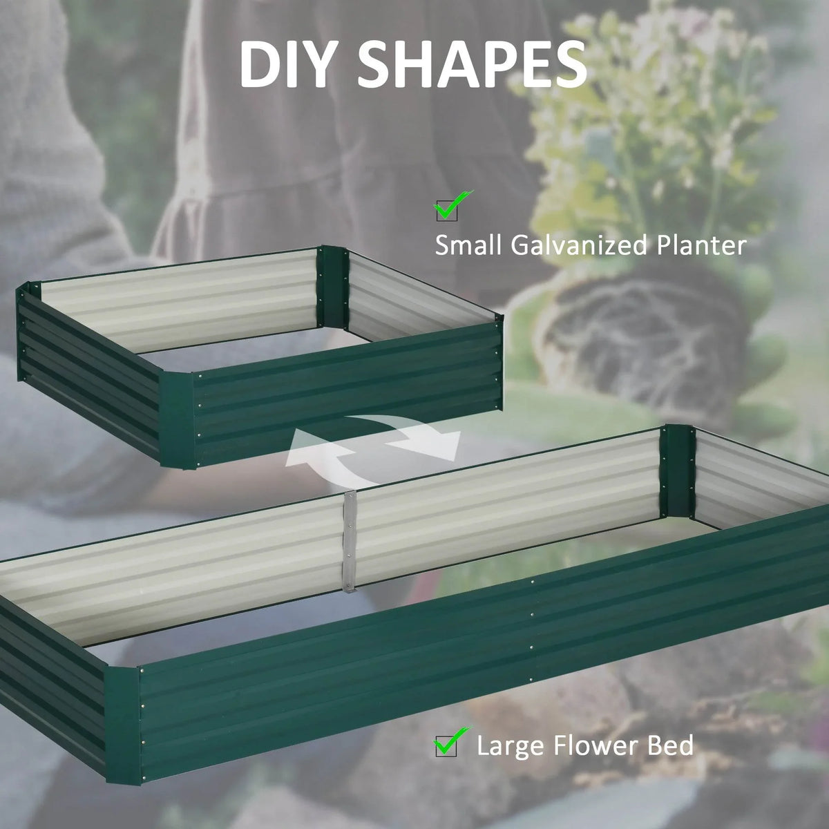 Green galvanized steel raised garden bed planter box with corner posts and internal supports