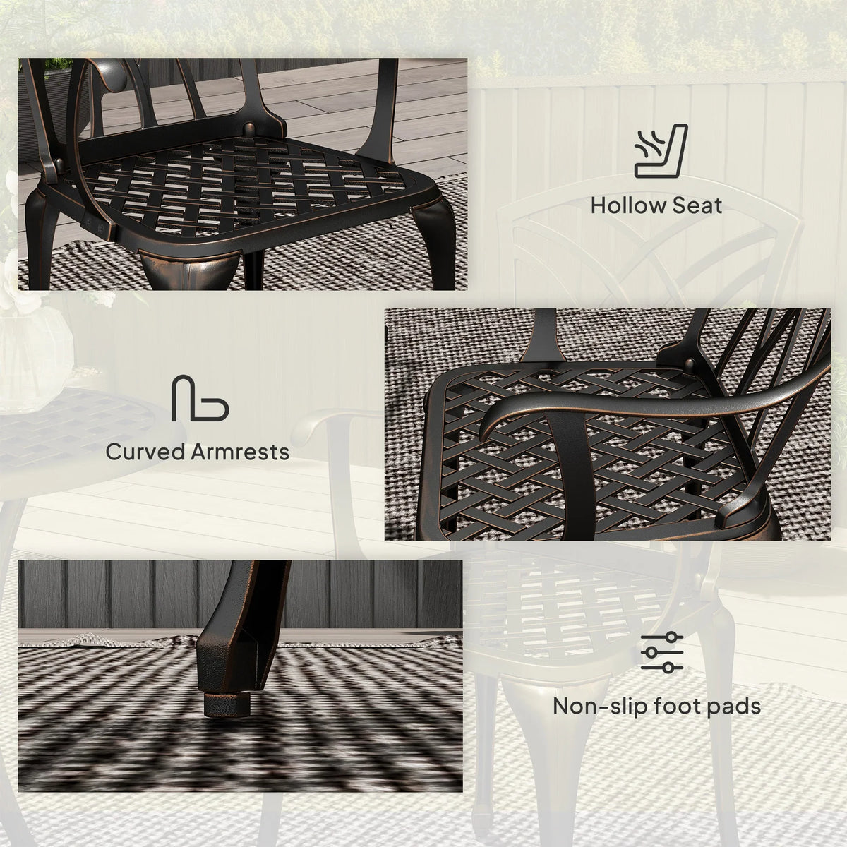 Armchair detail set: curved armrests, hollow seat design, and non-slip foot pads