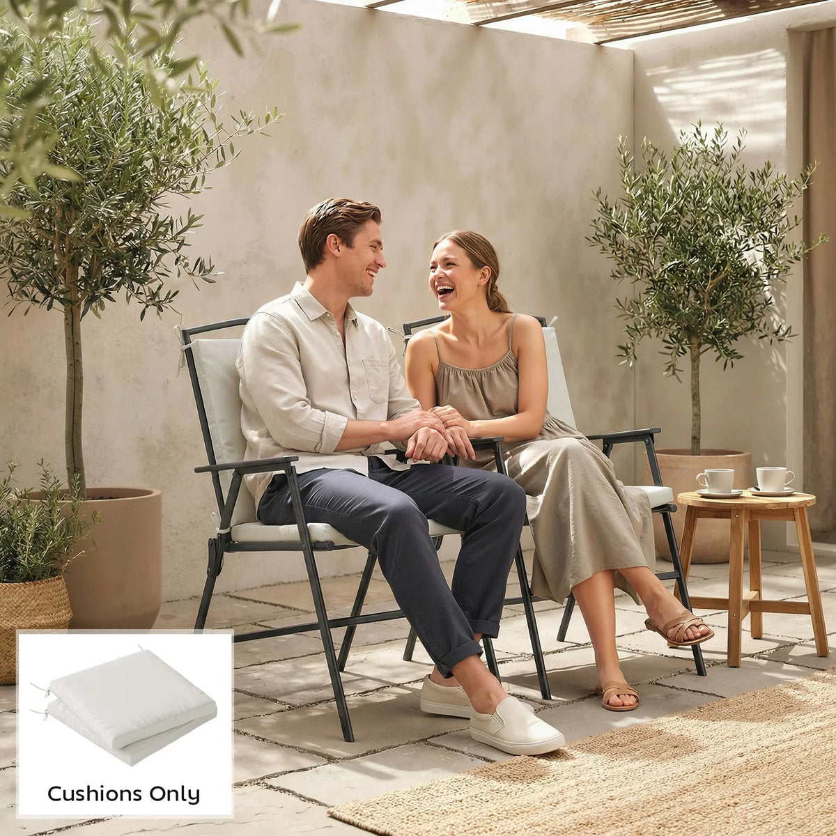 Cream white outdoor seat cushion set of 2 with ties for patio chair seating