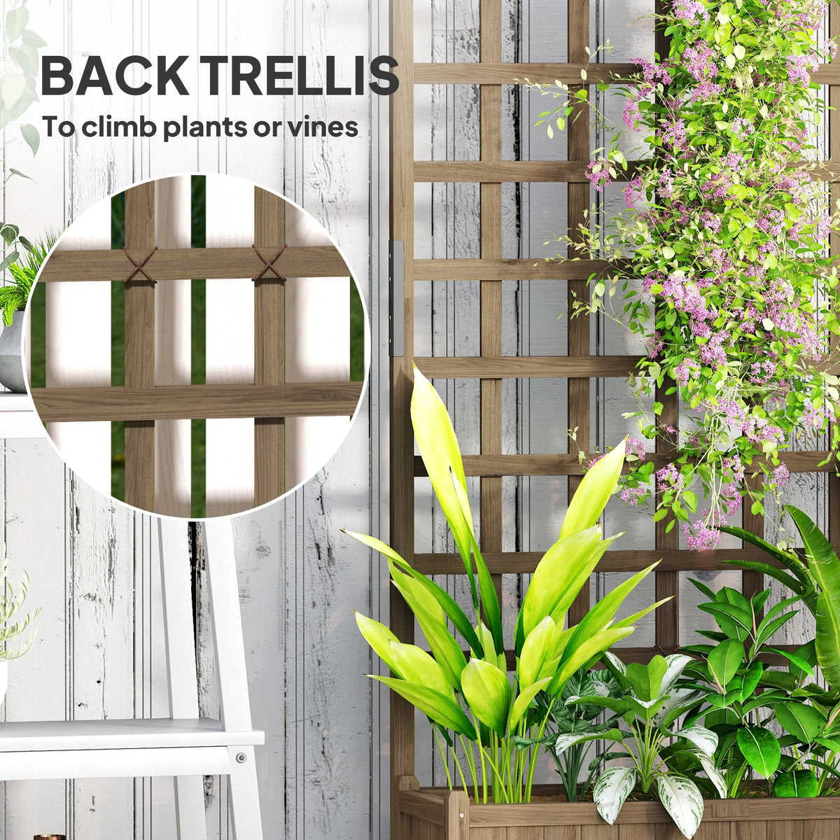 Brown lattice trellis planter with raised bed, featuring a climbing structure behind plants