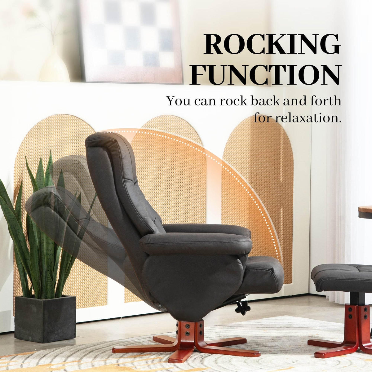 Black reclining armchair with ottoman footrest and red metal base, rocking recline.