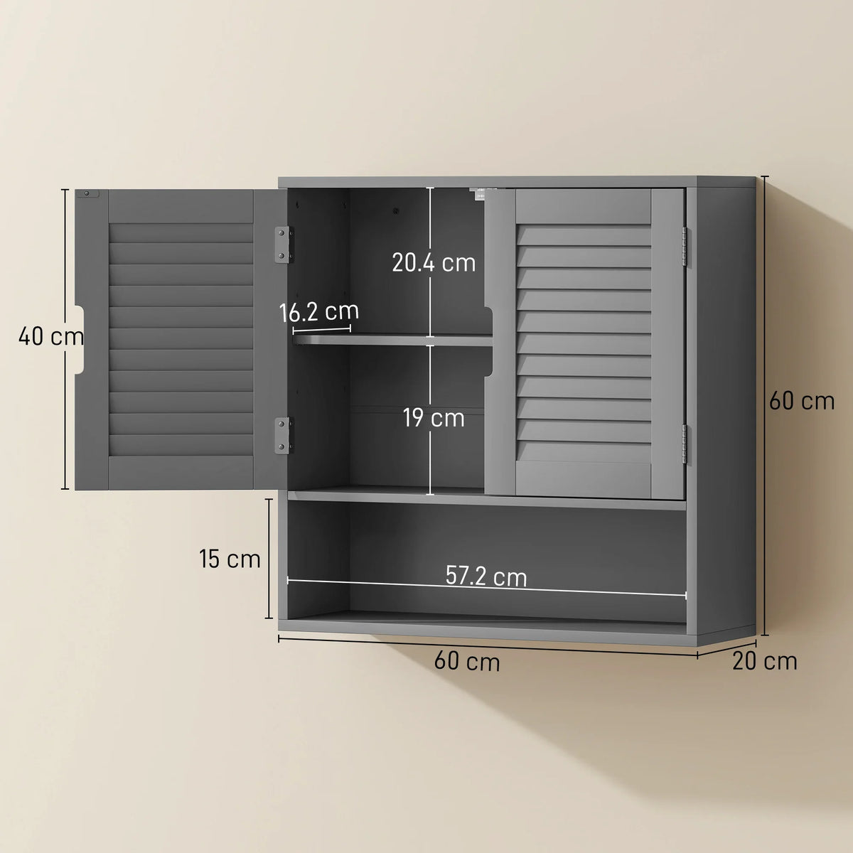 Wall cabinet interior with adjustable shelves, louvered doors, and measurements