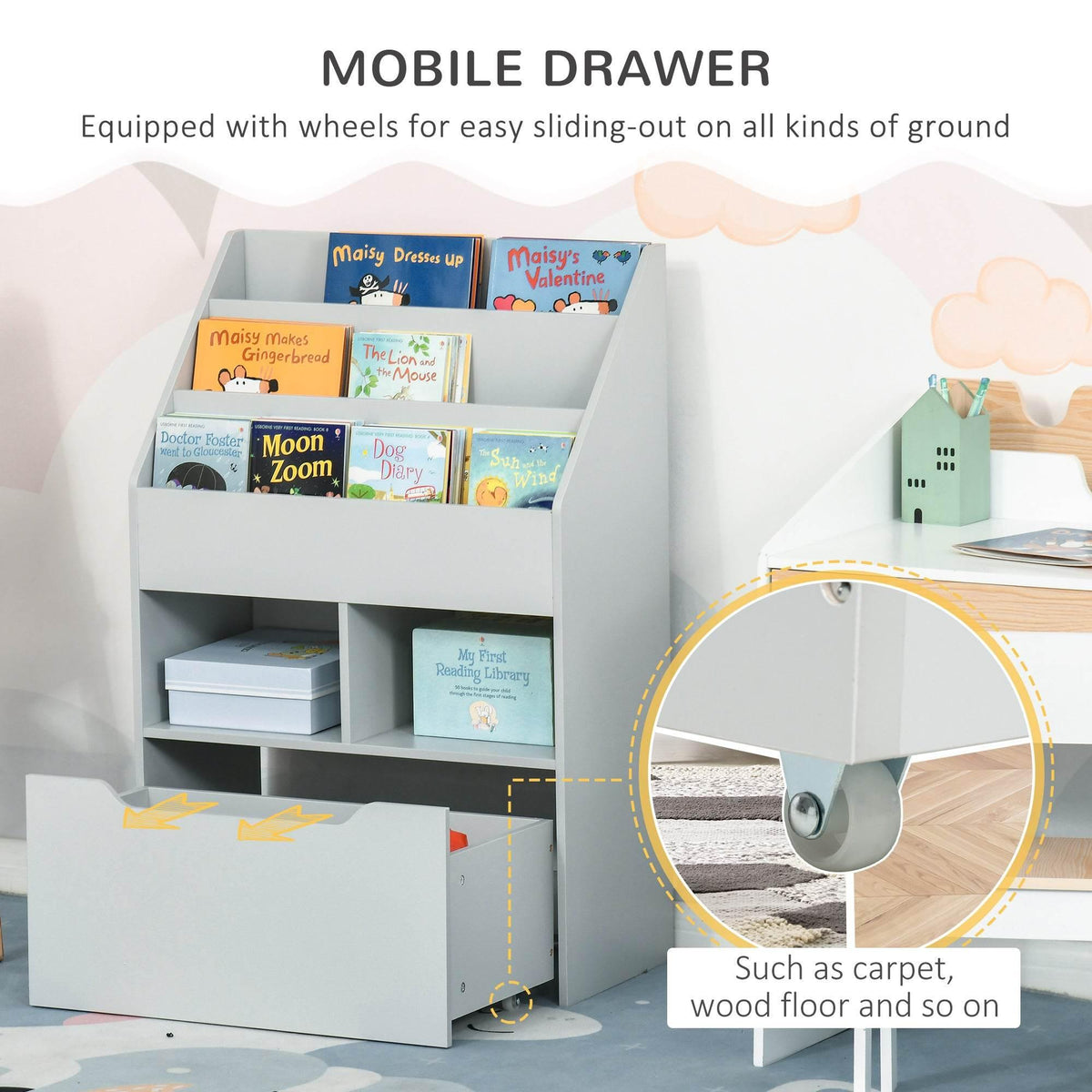 Grey kids bookcase with glide wheels and open book display, lower drawer storage