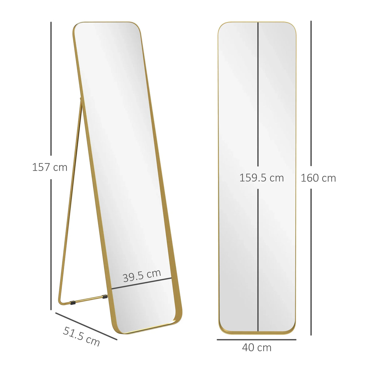 Full-length rectangular mirror dimensions diagram, gold-tone frame, angled base