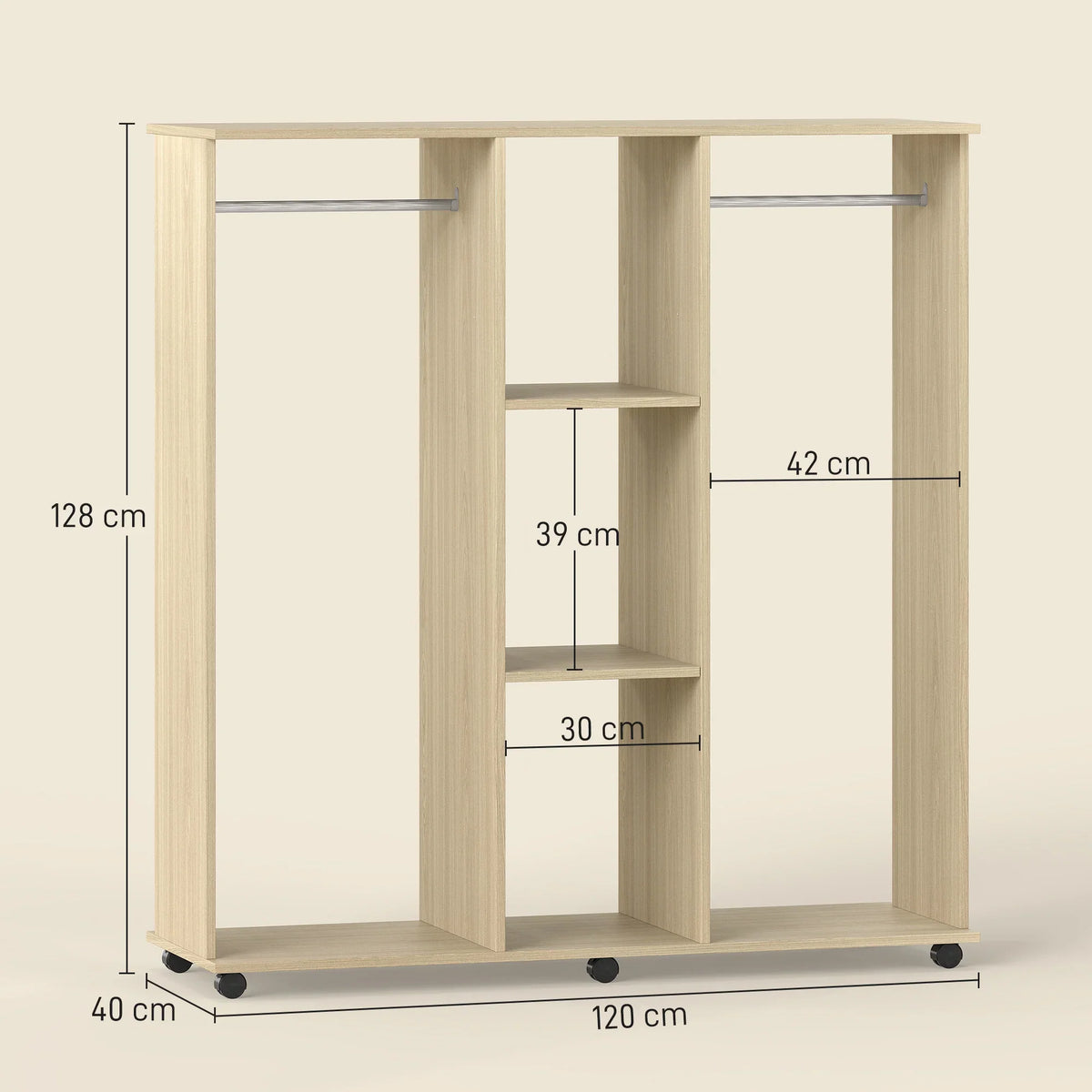 Mobile open wardrobe frame with interior shelves and hanging area, natural finish
