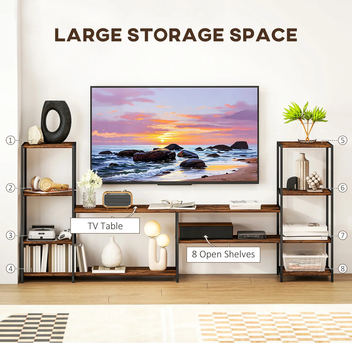 Industrial TV unit with open shelves and media cabinet, dark metal frame and wood finish