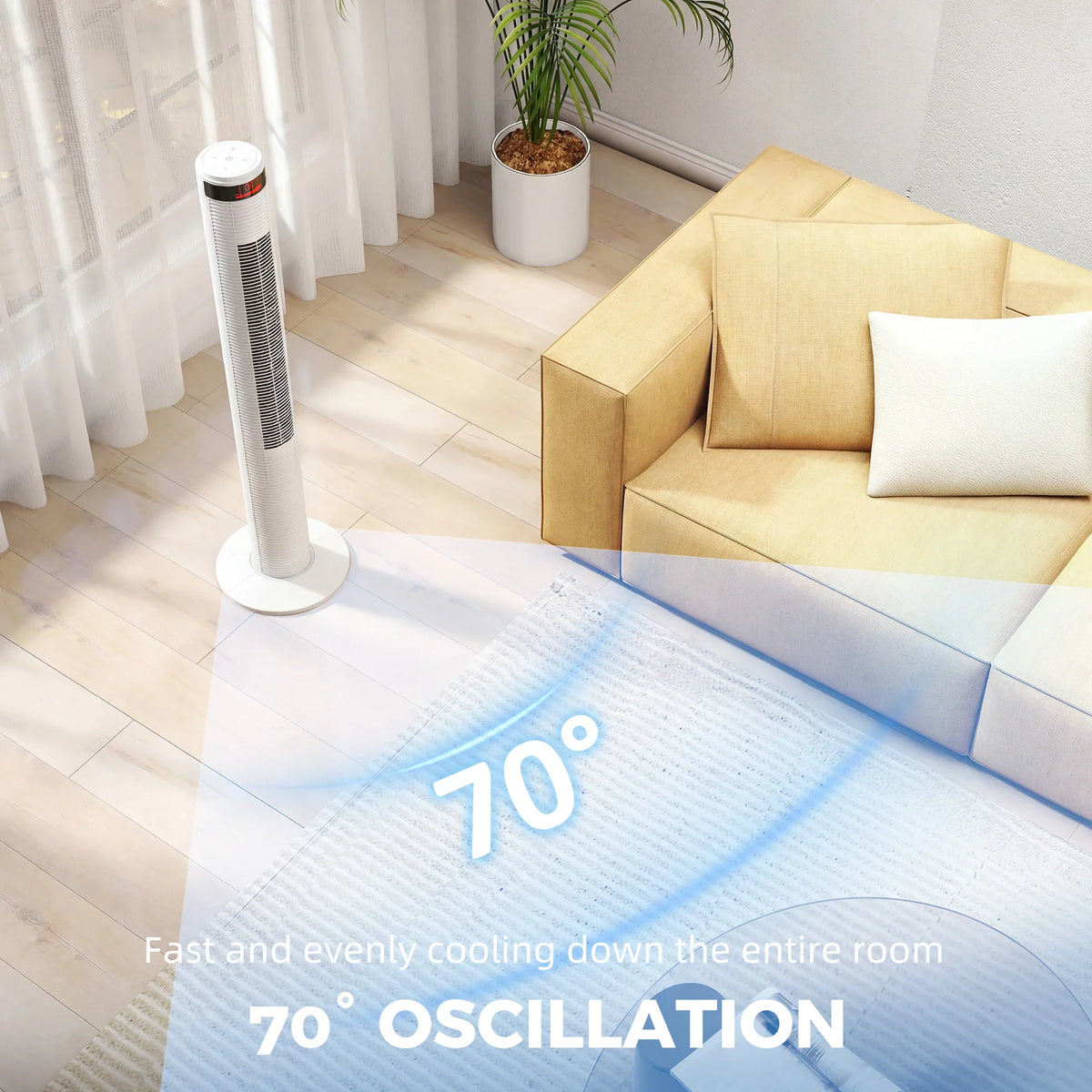 White tower fan with tall vented column and sweeping airflow pattern