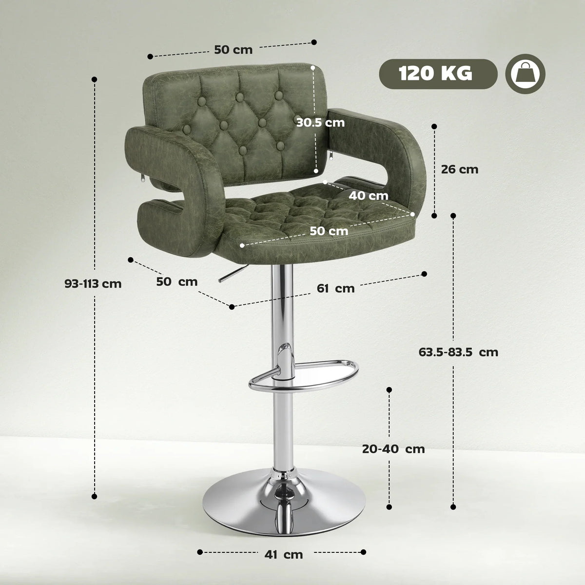 Green bar stool with backrest and armrests, height adjustable swivel seat, chrome base
