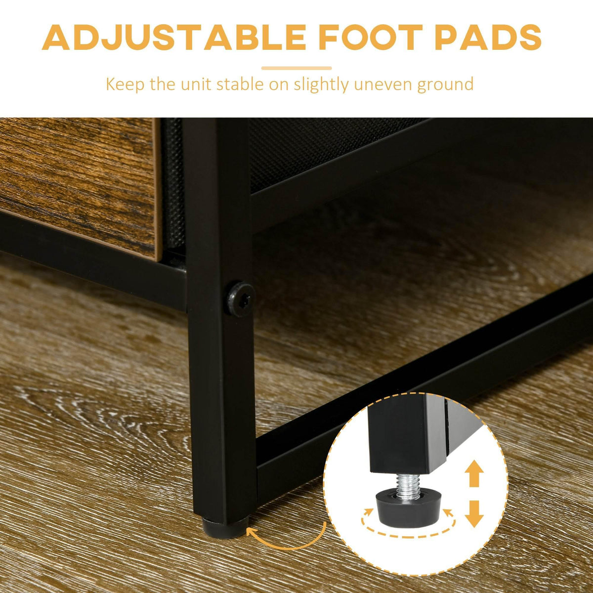 Adjustable leveling foot pads on industrial bookshelf base, black metal and rustic brown.